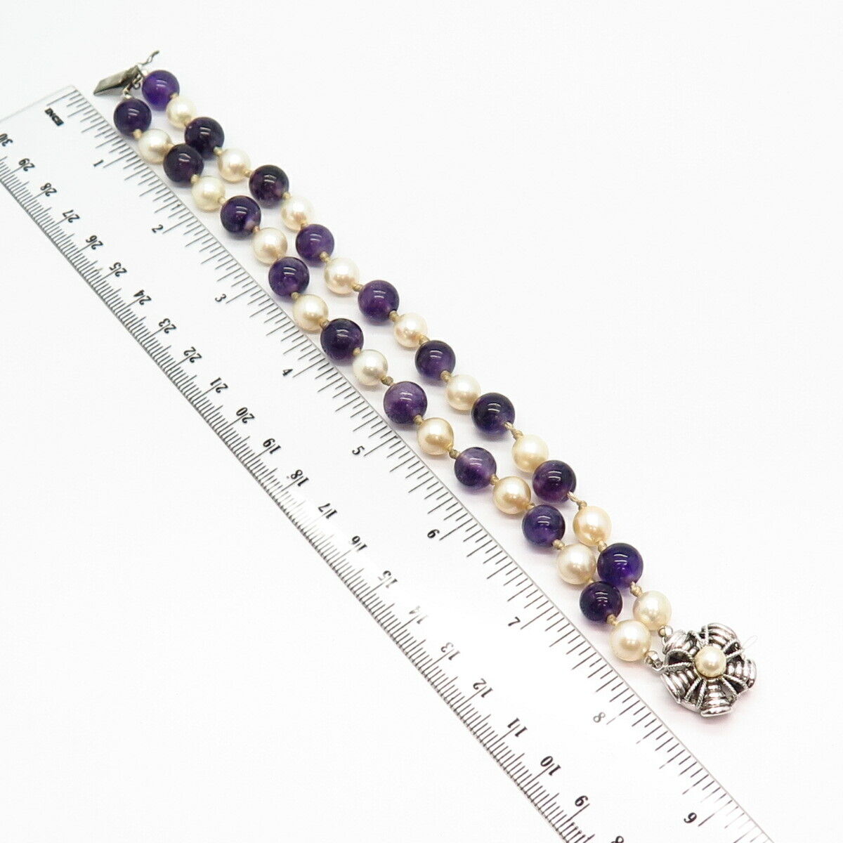 925 Sterling Silver Vintage Amethyst Gem & Pearl 2-Strand Link Bracelet 7 1/4"