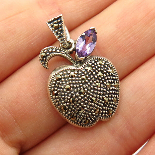 925 Sterling Silver Real Marcasite & Amethyst Gemstone Apple Slide Pendant