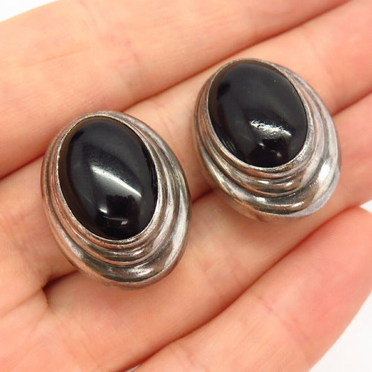 925 Sterling Silver Vintage Mexico Real Black Onyx Gem Ribbed Clip On Earrings