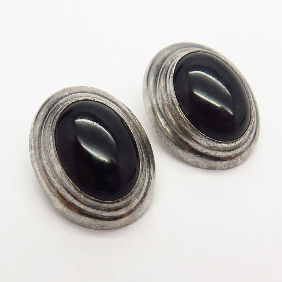 925 Sterling Silver Vintage Mexico Real Black Onyx Gem Ribbed Clip On Earrings