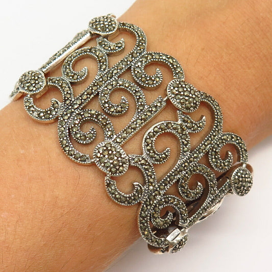 925 Sterling Silver Real Marcasite Gem Swirl Design Wide Link Bracelet 6 1/4"