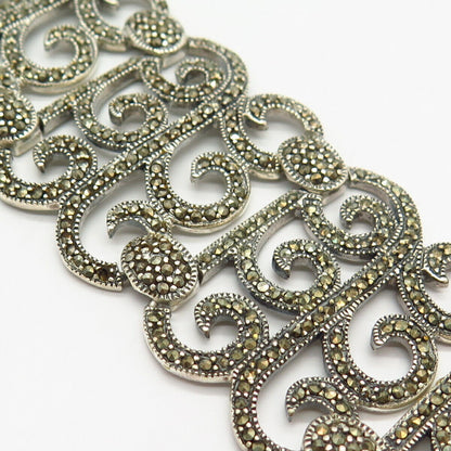 925 Sterling Silver Real Marcasite Gem Swirl Design Wide Link Bracelet 6 1/4"