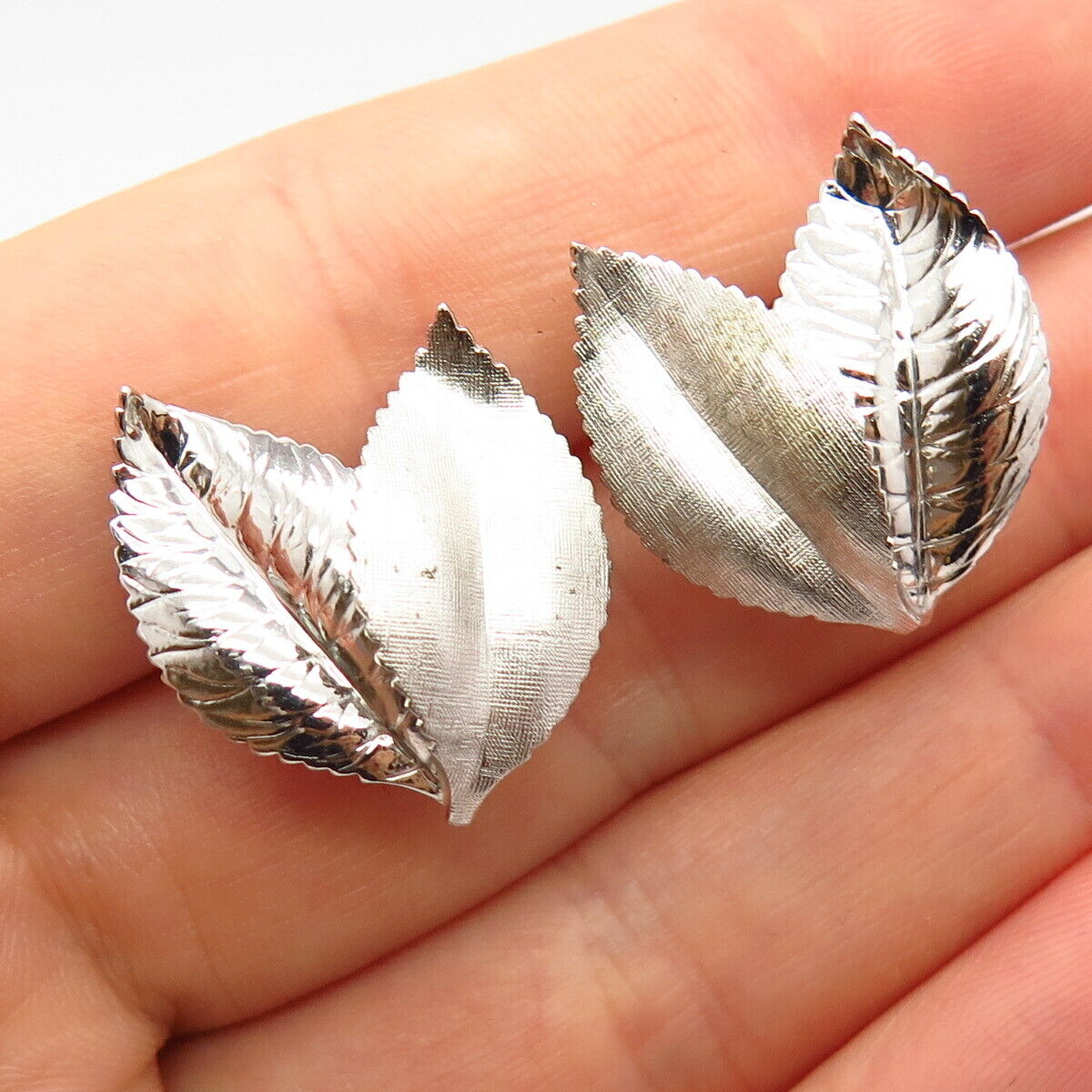 925 Sterling Silver Vintage Van Dell Double Leaf Design Screw Back Earrings