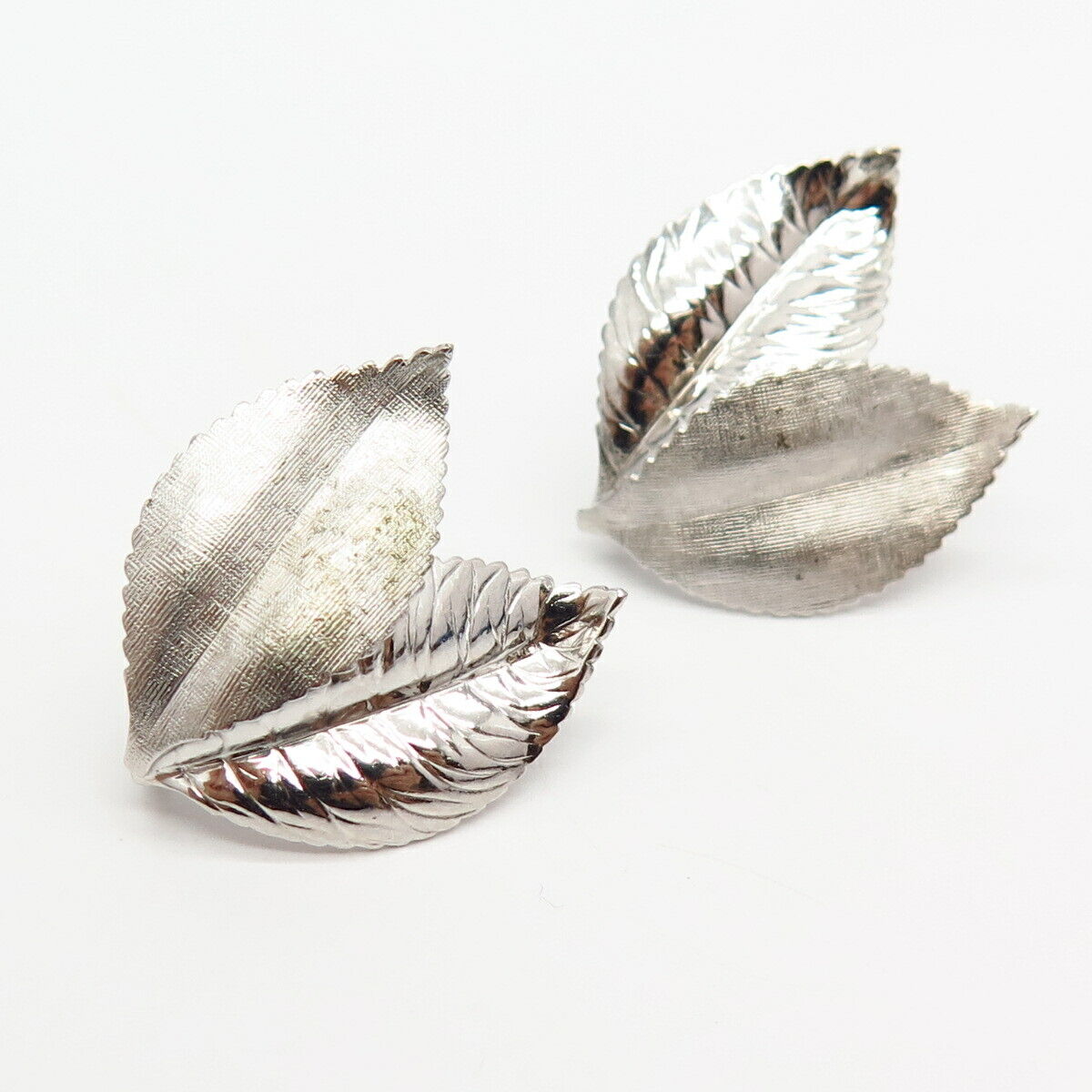 925 Sterling Silver Vintage Van Dell Double Leaf Design Screw Back Earrings