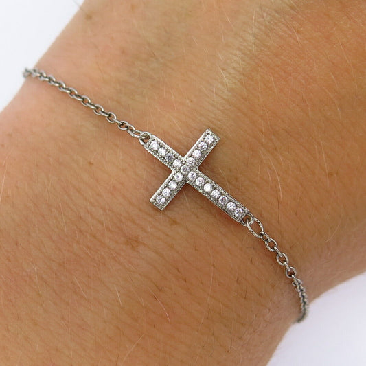 925 Sterling Silver C Z Cross Design Oval Link Bracelet 7"