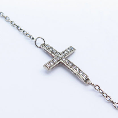 925 Sterling Silver C Z Cross Design Oval Link Bracelet 7"