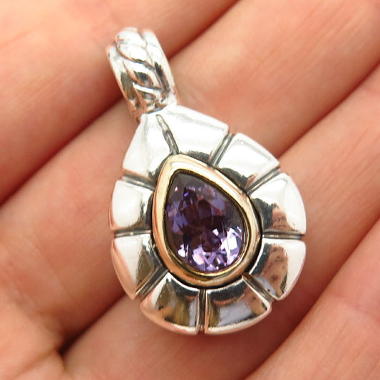 925 Sterling Silver / 14K Gold Real Amethyst Gem Carved Design Slide Pendant