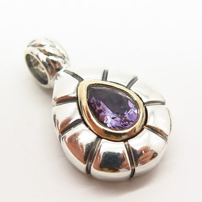 925 Sterling Silver / 14K Gold Real Amethyst Gem Carved Design Slide Pendant