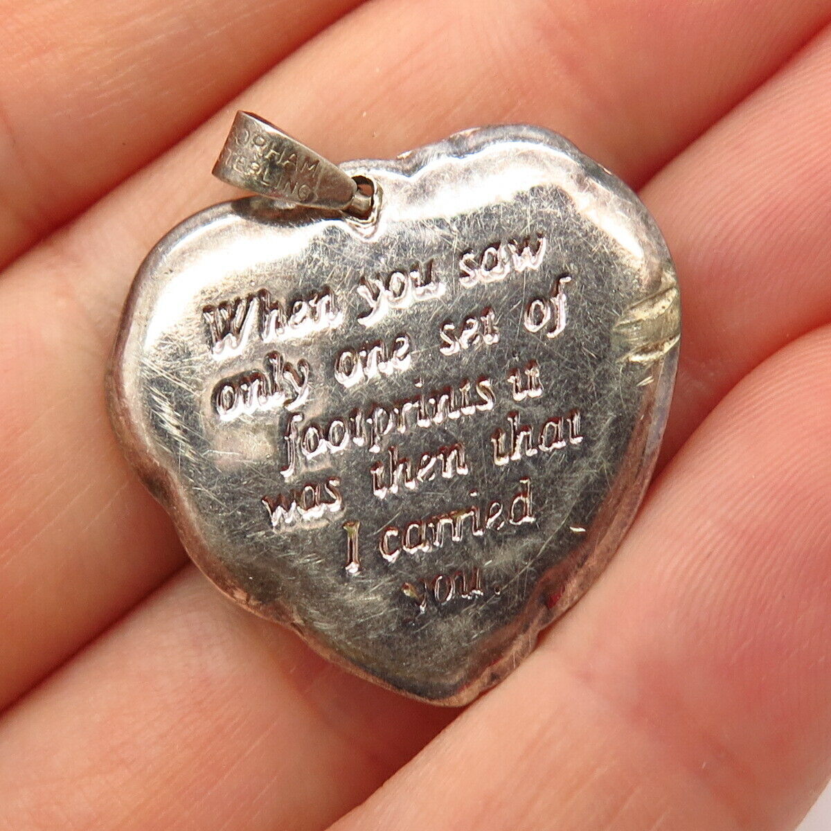 925 Sterling Silver 2-Tone Vintage Gorham Foot Prints Prayer Heart Pendant