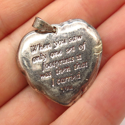 925 Sterling Silver 2-Tone Vintage Gorham Foot Prints Prayer Heart Pendant