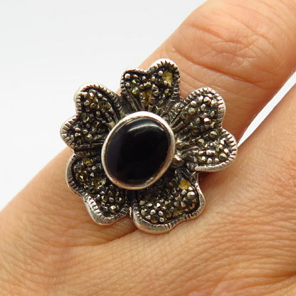 925 Sterling Silver Real Black Onyx & Marcasite Gem Floral Design Ring Size 5.5