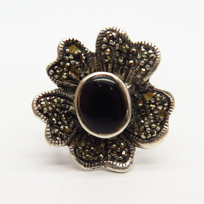 925 Sterling Silver Real Black Onyx & Marcasite Gem Floral Design Ring Size 5.5