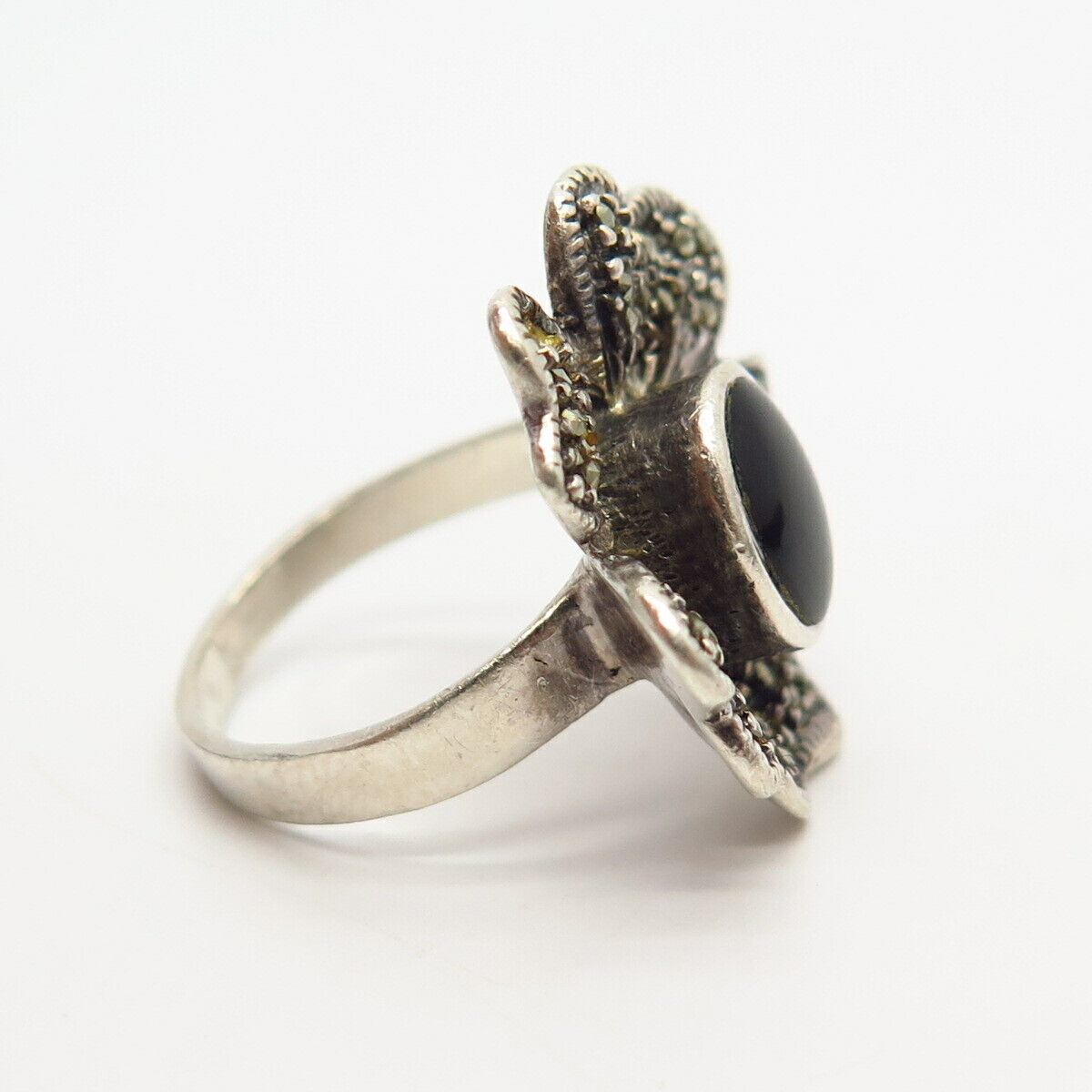 925 Sterling Silver Real Black Onyx & Marcasite Gem Floral Design Ring Size 5.5