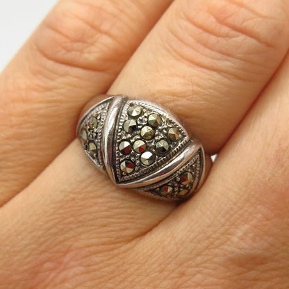 925 Sterling Silver Real Marcasite Gem Carved Domed Design Ring Size 6 3/4