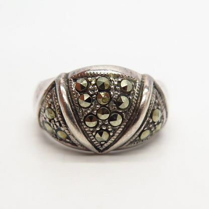 925 Sterling Silver Real Marcasite Gem Carved Domed Design Ring Size 6 3/4