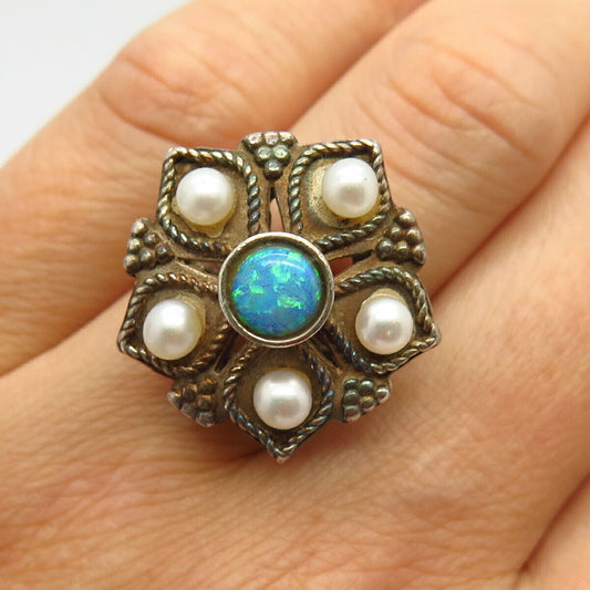 925 Sterling Silver Real Opal Gem & Pearl Floral Ring Size 7