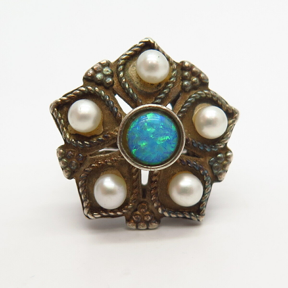 925 Sterling Silver Real Opal Gem & Pearl Floral Ring Size 7