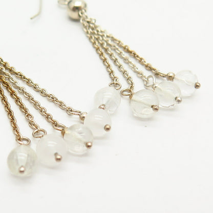 925 Sterling Silver 2-Tone Clear Quartz Chain Long Drop Earrings