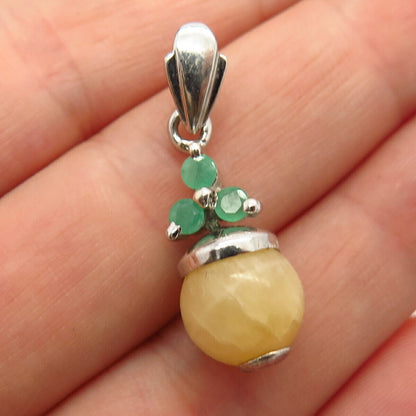 925 Sterling Silver Real Quartz & Emerald Gemstone Pendant