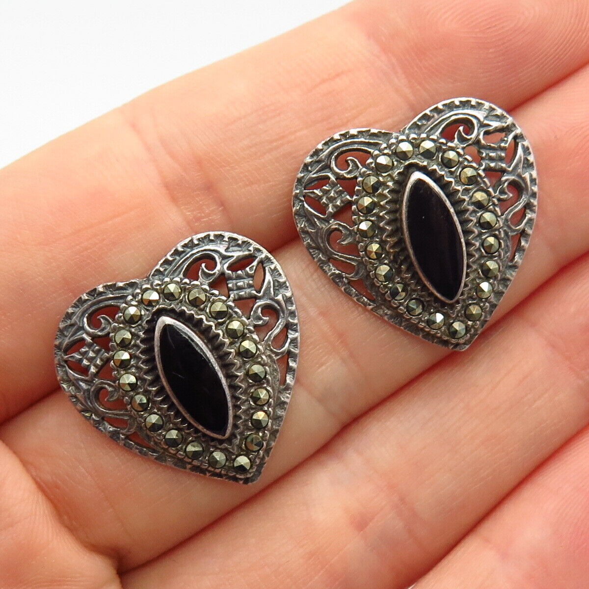 925 Sterling Silver Real Marcasite & Black Onyx Gem Heart Design Earrings