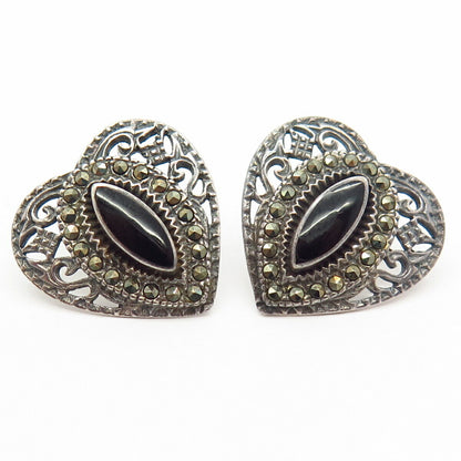 925 Sterling Silver Real Marcasite & Black Onyx Gem Heart Design Earrings