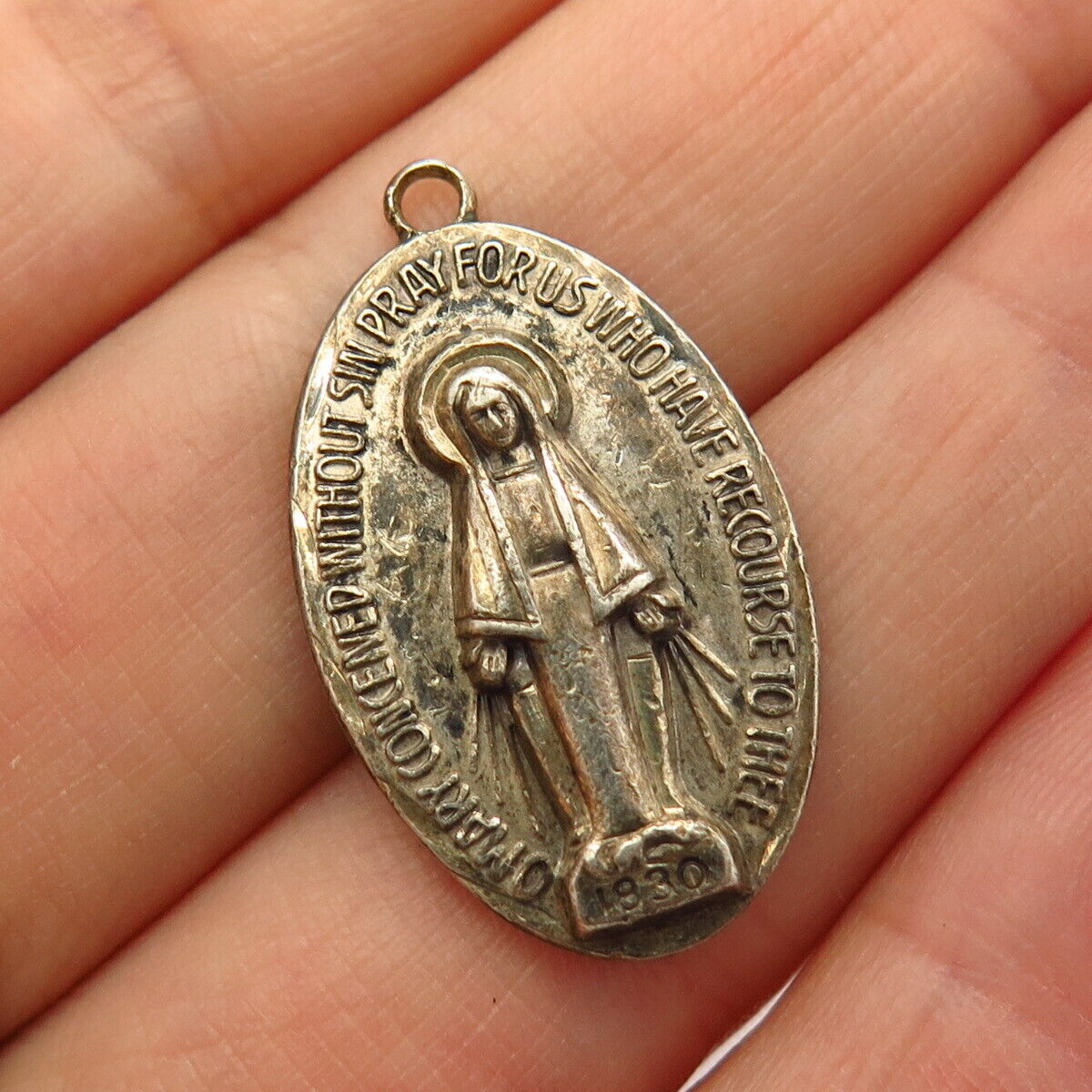 925 Sterling Silver Vintage St. Mary Miraculous Medal Religious Pendant