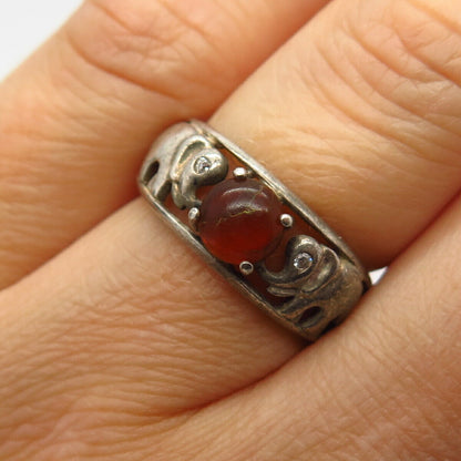 925 Sterling Silver Real Amber & C Z Elephant Design Ring Size 5 3/4