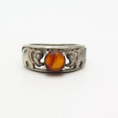 925 Sterling Silver Real Amber & C Z Elephant Design Ring Size 5 3/4