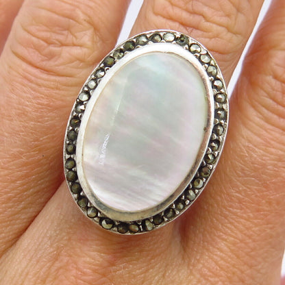 925 Sterling Silver Real Marcasite Gem & Mother-of-Pearl Wide Ring Size 7