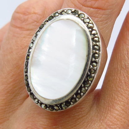 925 Sterling Silver Real Marcasite Gem & Mother-of-Pearl Wide Ring Size 7