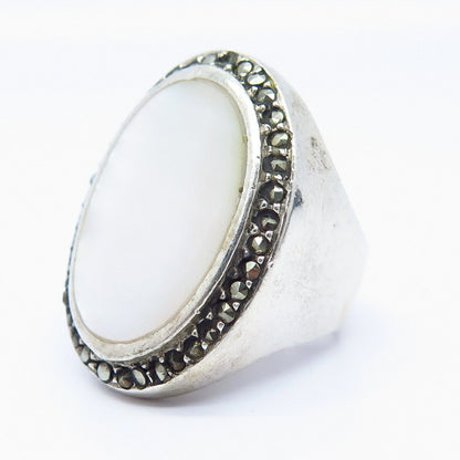 925 Sterling Silver Real Marcasite Gem & Mother-of-Pearl Wide Ring Size 7