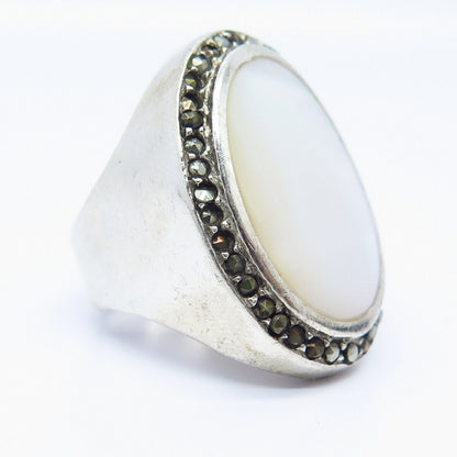 925 Sterling Silver Real Marcasite Gem & Mother-of-Pearl Wide Ring Size 7