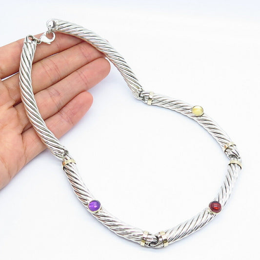 925 Sterling / 14K Citrine Red Garnet & Amethyst Gem Twisted Cable Necklace 15"