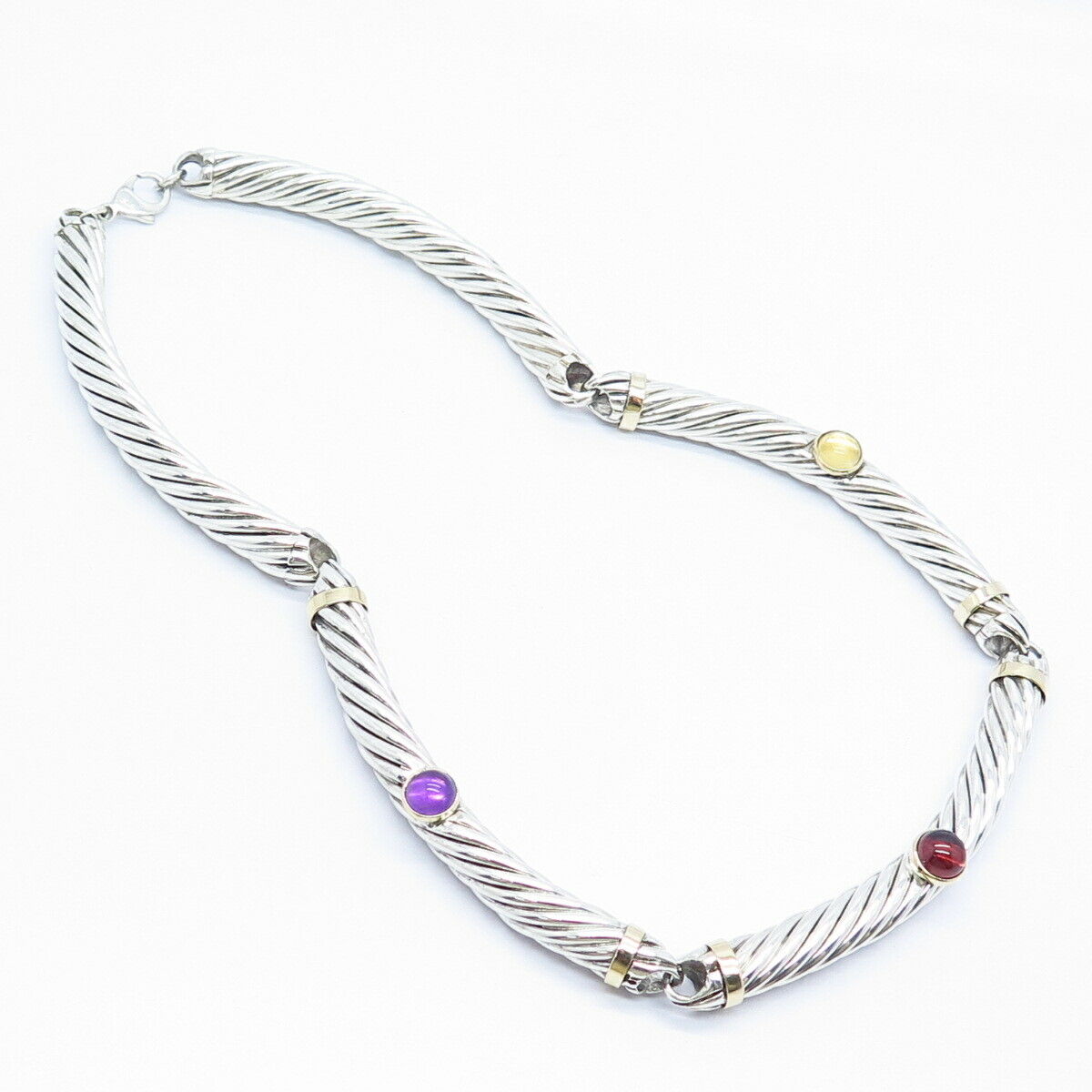 925 Sterling / 14K Citrine Red Garnet & Amethyst Gem Twisted Cable Necklace 15"