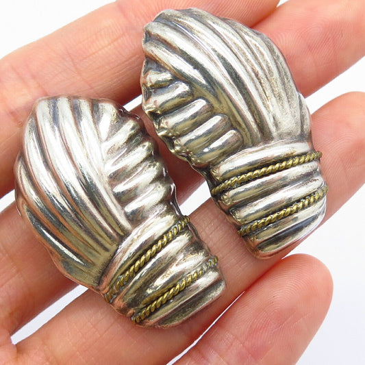 925 Sterling Silver 2-Tone Vintage Mexico Shell Design Hollow Clip On Earrings