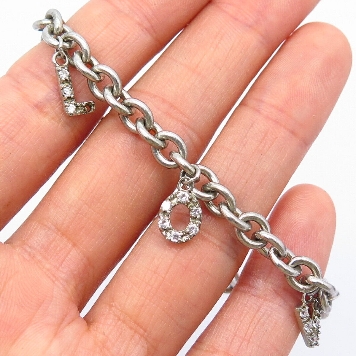 925 Sterling Silver C Z "LOVE" Charm Rolo Link Bracelet 6.5"