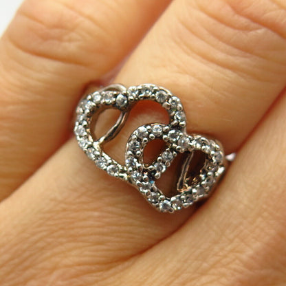 925 Sterling Silver C Z Double Heart Design Ring Size 6 3/4