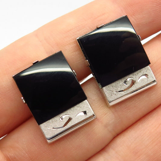 925 Sterling Silver Vintage Real Black Onyx Gem Cufflinks