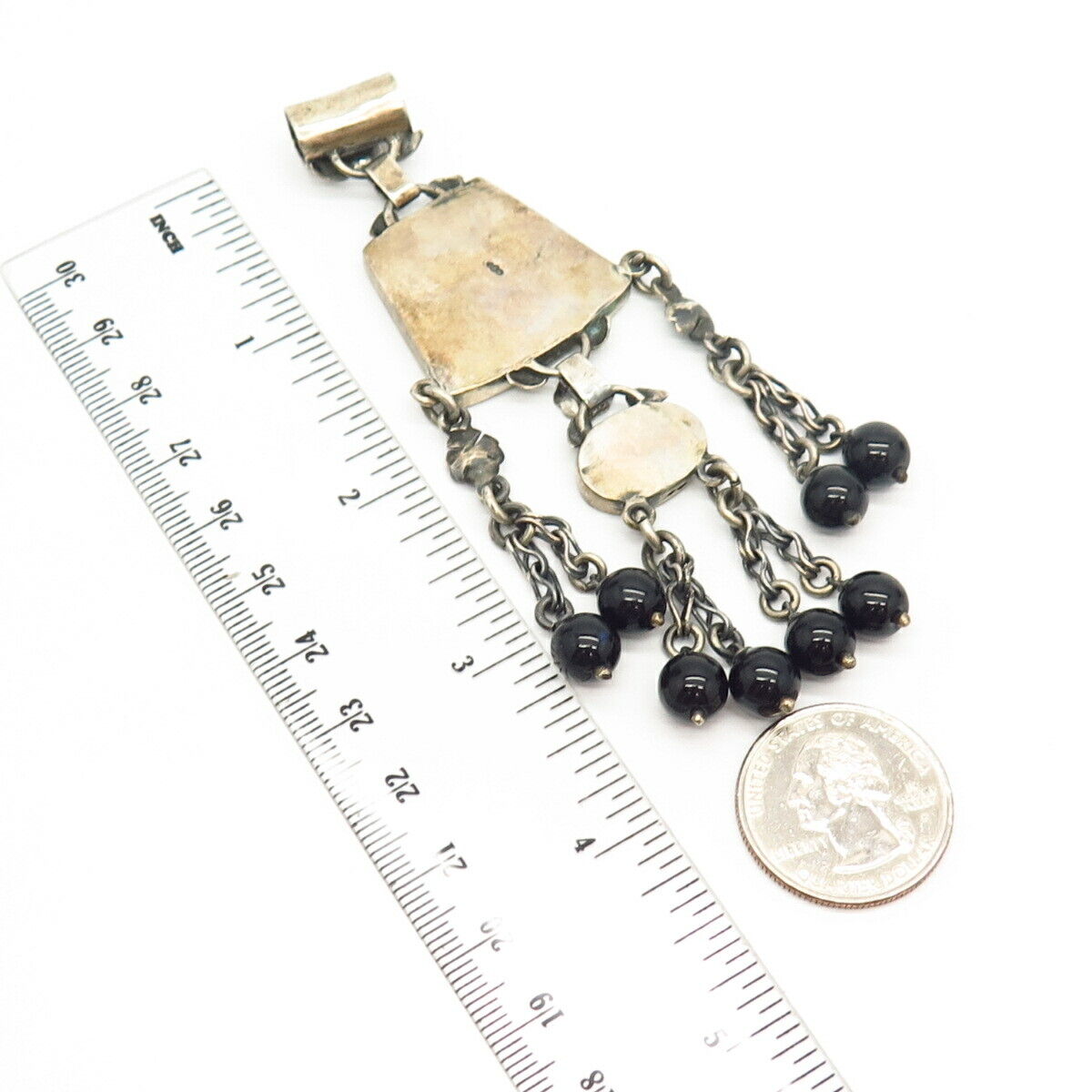 800 Silver Vintage Real Black Onyx Gem Arabic Writings Large Slide Pendant