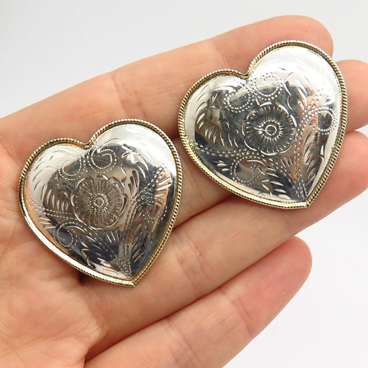 925 Sterling Silver 2-Tone Etched Heart Design Earrings