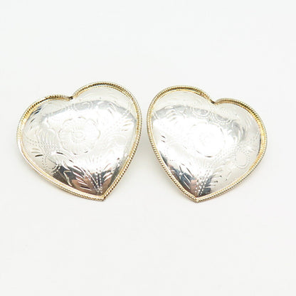 925 Sterling Silver 2-Tone Etched Heart Design Earrings