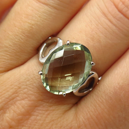 925 Sterling Silver Real Checkered Prasiolite Gemstone Open Heart Ring