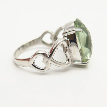 925 Sterling Silver Real Checkered Prasiolite Gemstone Open Heart Ring