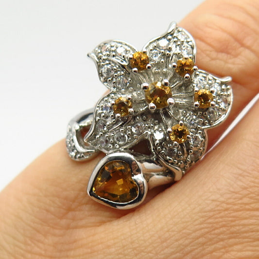 925 Sterling Silver Real White Topaz & Citrine Gem Floral Heart Ring Size 5.5