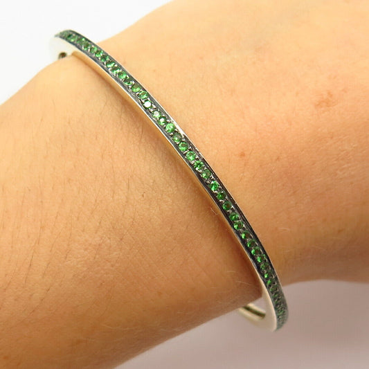 925 Sterling Gold Plated Green C Z All Around Bangle Bracelet 7 3/4"