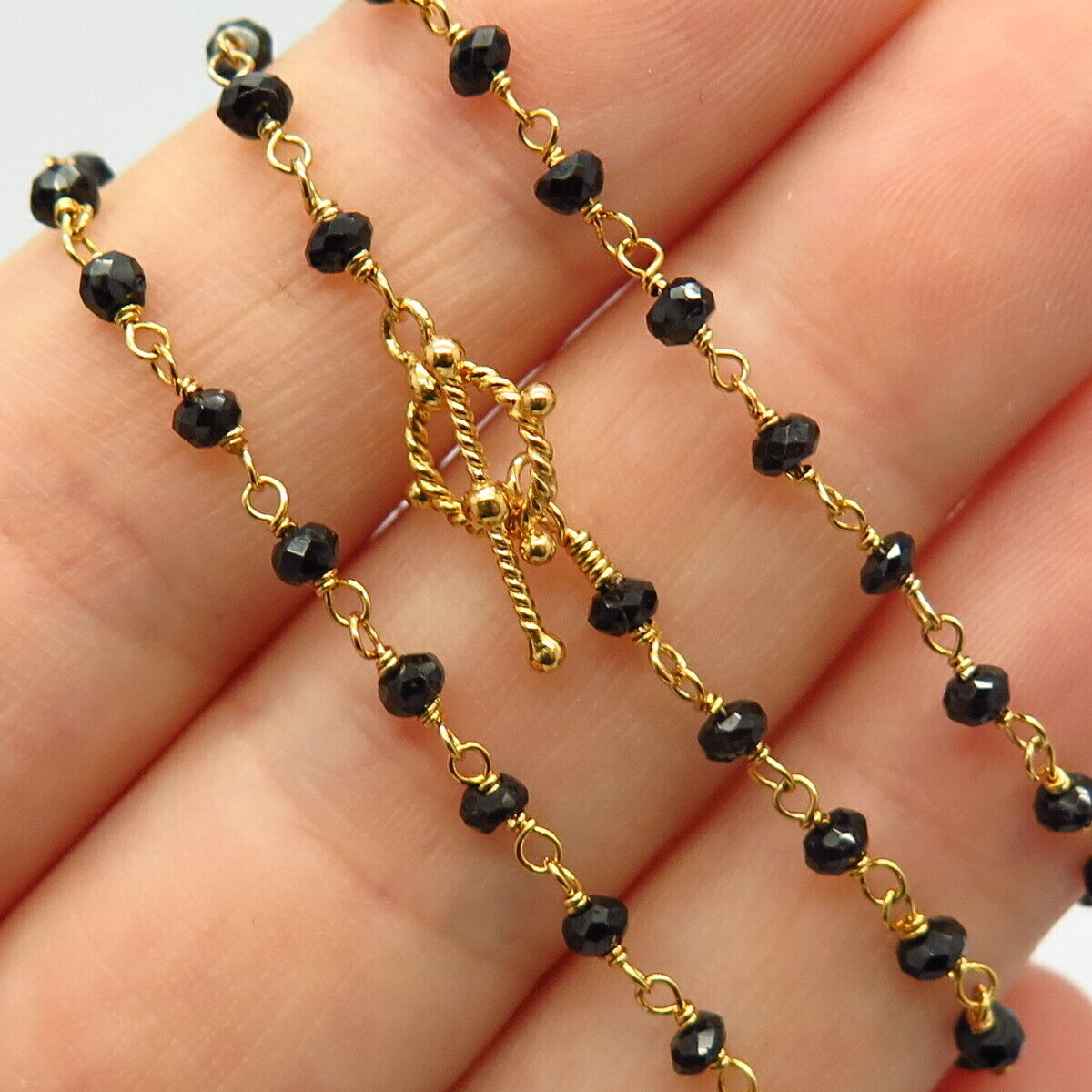 925 Sterling Gold Plated Melanite Gem All Around Long Bead Chain Necklace 51"