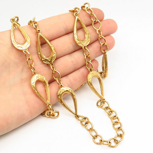 Gold Plated Vintage Trifari Teardrop Station Long Chain Necklace 45"