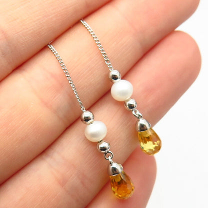 925 Sterling Silver Real Citrine Gem & Pearl Dangling Long Chain Earrings