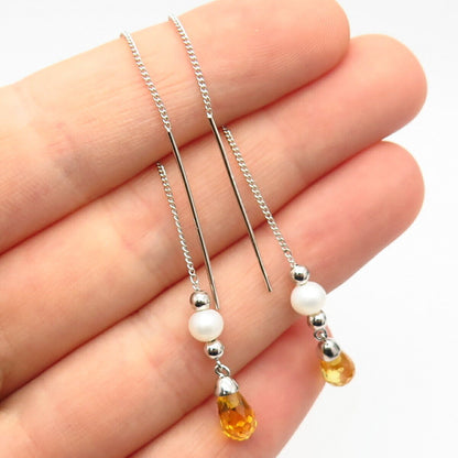 925 Sterling Silver Real Citrine Gem & Pearl Dangling Long Chain Earrings