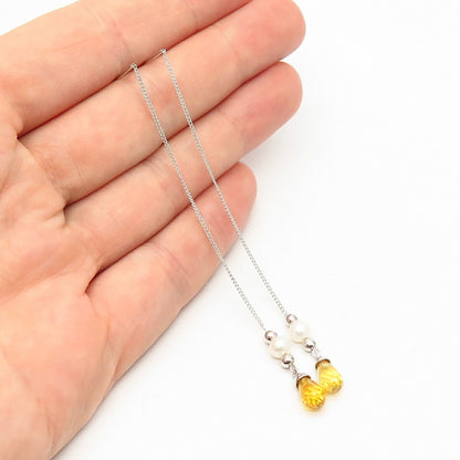 925 Sterling Silver Real Citrine Gem & Pearl Dangling Long Chain Earrings